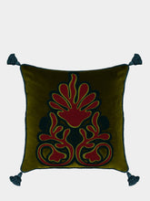 House of Capricorn Afonso Dark Green Velvet and Chenille Embroidered Cushion