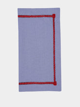 House of Capricorn Hand-Embroidered Maria Blue Linen with Red Embroidery Napkin