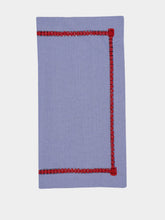House of Capricorn Hand-Embroidered Maria Blue Linen with Red Embroidery Napkin