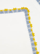House of Capricorn Hand-Embroidered Leonor Ecru Linen with Blue and Yellow Crochet Napkin