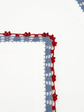 House of Capricorn Hand-Embroidered Leonor Ecru Linen with Blue and Bordeaux Crochet Napkin