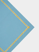 House of Capricorn Hand-Embroidered Maria Turquoise Linen with Yellow Embroidery Napkin