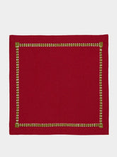 House of Capricorn Hand-Embroidered Maria Bordeaux Linen with Green Embroidery Napkin
