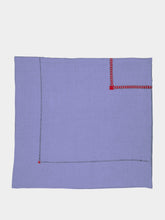House of Capricorn Hand-Embroidered Maria Blue Linen with Red Embroidery Tablecloth