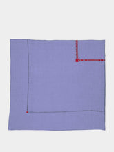 House of Capricorn Hand-Embroidered Maria Blue Linen with Red Embroidery Tablecloth