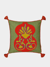 House of Capricorn Teles Green Cotton Linen and Chenille Embroidered Cushion
