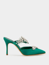 Manolo Blahnik Green Satin Crystal Embellished Mules