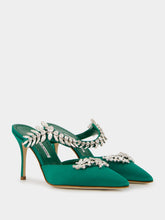 Manolo Blahnik Green Satin Crystal Embellished Mules