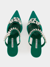 Manolo Blahnik Green Satin Crystal Embellished Mules