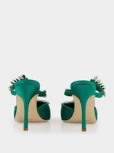 Manolo Blahnik Green Satin Crystal Embellished Mules