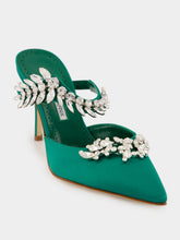 Manolo Blahnik Green Satin Crystal Embellished Mules