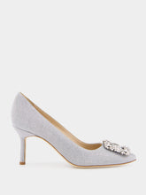 Manolo Blahnik Hangisi Silver Glitter Fabric Jewel Buckle Pumps