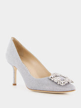 Manolo Blahnik Hangisi Silver Glitter Fabric Jewel Buckle Pumps