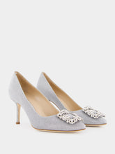 Manolo Blahnik Hangisi Silver Glitter Fabric Jewel Buckle Pumps