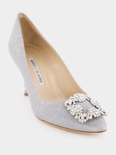 Manolo Blahnik Hangisi Silver Glitter Fabric Jewel Buckle Pumps