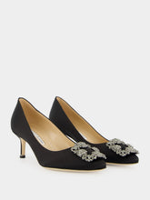 Manolo Blahnik Hangisi 50 Black Satin Jewel Pumps