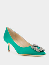 Manolo Blahnik Hangisi Emerald Satin Jewel 50mm Pumps