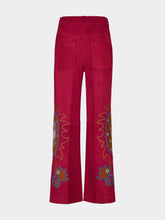 Paula Alice Red Dahlia Embroidered Wide-Leg Suede Pants