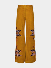 Paula Alice Golden Brown Wide-Leg Suede Pants with Embroidery