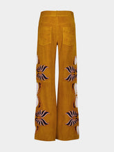 Paula Alice Golden Brown Wide-Leg Suede Pants with Embroidery