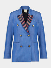 Paula Ava Denim Double-Breasted Blazer with Silk Lapel