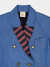 Paula Ava Denim Double-Breasted Blazer with Silk Lapel