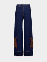 Paula Avila Blue Embroidered Wide-Leg Denim Pants