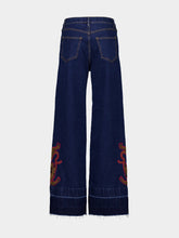 Paula Avila Blue Embroidered Wide-Leg Denim Pants