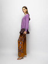 Paula Alice Golden Brown Wide-Leg Suede Pants with Embroidery