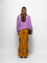 Paula Alice Golden Brown Wide-Leg Suede Pants with Embroidery