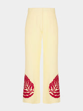 Paula Azalea Vanilla Custard Linen Flared Pants with Embroidered Patches