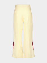 Paula Azalea Vanilla Custard Linen Flared Pants with Embroidered Patches