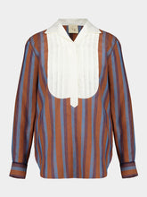 Paula Bella Blue Stripes Embroidered Linen Shirt with Bib
