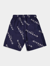 Givenchy Navy Silk Bermuda Shorts with Logo Shadow Print