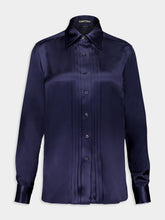 Tom Ford Plisse Plastron Blue Fluid Charmeuse Sild Shirt