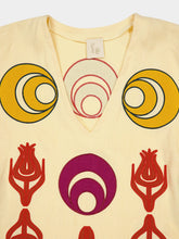 Paula Cinnabar Vanilla Custard Linen Dress with Embroidered Patches