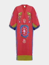 Paula Cinnabar Red Dahlia Linen Dress with Embroidered Patches