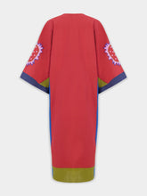 Paula Cinnabar Red Dahlia Linen Dress with Embroidered Patches