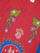 Paula Cinnabar Red Dahlia Linen Dress with Embroidered Patches