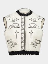 Zeus+Dione Ivory Stars Cropped Vest with Black Embroidery