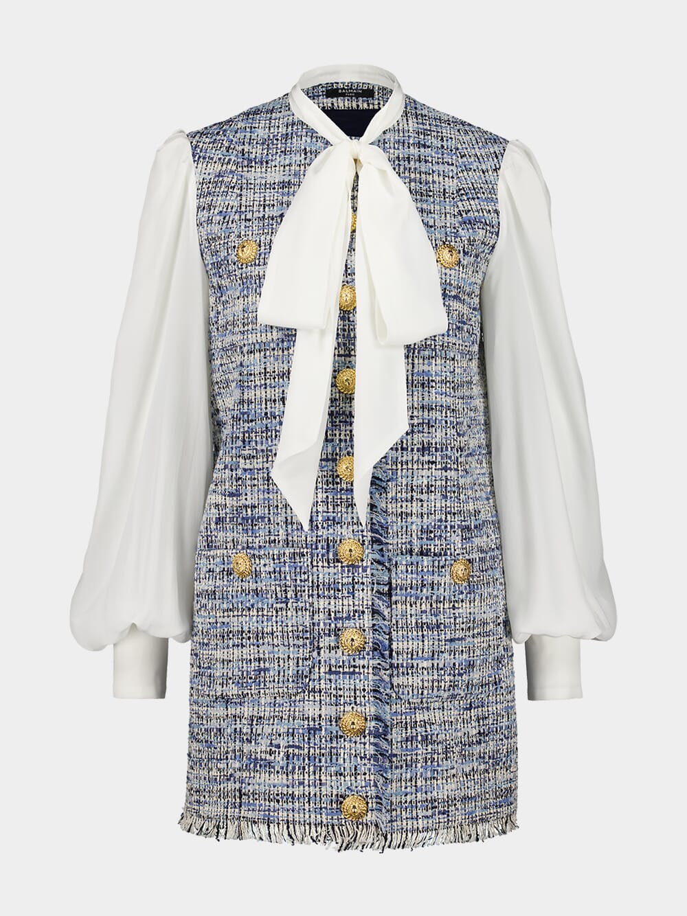 Balmain Blue Tweed Dress with Bow Detail
