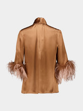 Dolce & Gabbana Brown Satin Turtleneck Top with Feathers