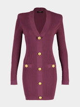 Balmain Violet Foncé Ribbed V-Neck Buttoned Bodycon Dress