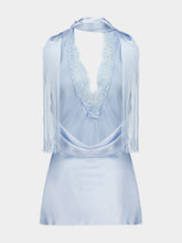 Balmain Blue Backless Fringed Satin Top