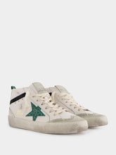 Golden Goose White and Green Mid Star Sneakers With Croc-Embossed Star
