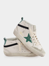 Golden Goose White and Green Mid Star Sneakers With Croc-Embossed Star