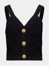 Balmain Black Quilted Knit V-Neck Top