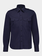 Tom Ford Navy Blue Long-Sleeve Military Shirt in Fluid Cotton and Silk