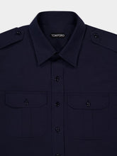 Tom Ford Navy Blue Long-Sleeve Military Shirt in Fluid Cotton and Silk