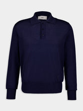 Ami Paris Navy Blue Long-Sleeve Wool Silk Polo